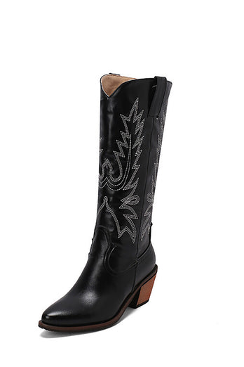 Black Stitched Chunky Heel High Western Boots
