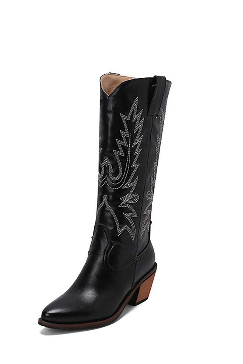 Load image into Gallery viewer, Black Stitched Chunky Heel High Western Boots
