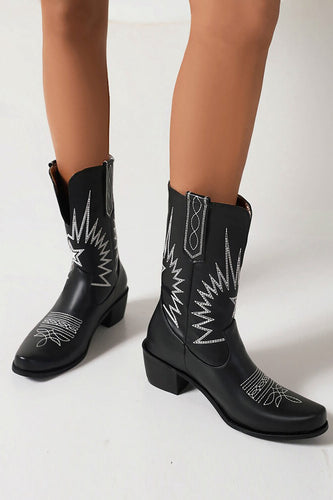 Black Stitching Mid Calf Chunky Heel Western Boots