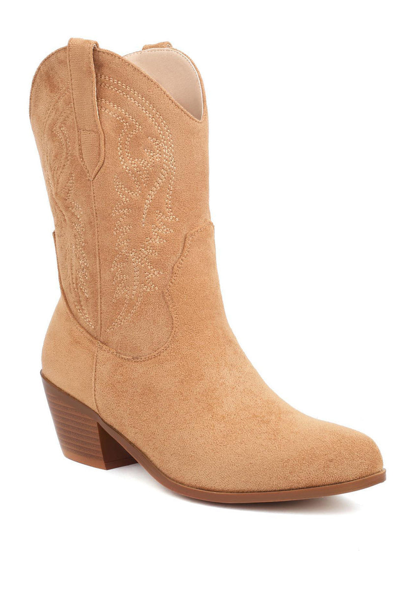 Load image into Gallery viewer, Camel Chunky Heel Mid Calf Boots