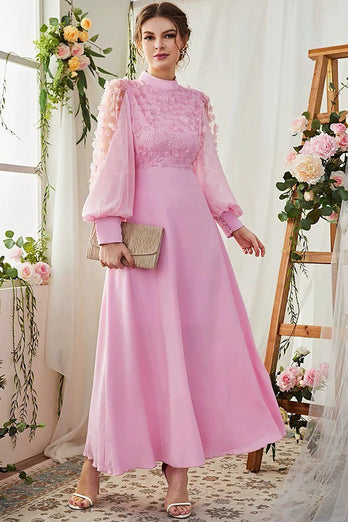 A-Line Long Sleeves Candy Pink Formal Dress with 3D Flowers