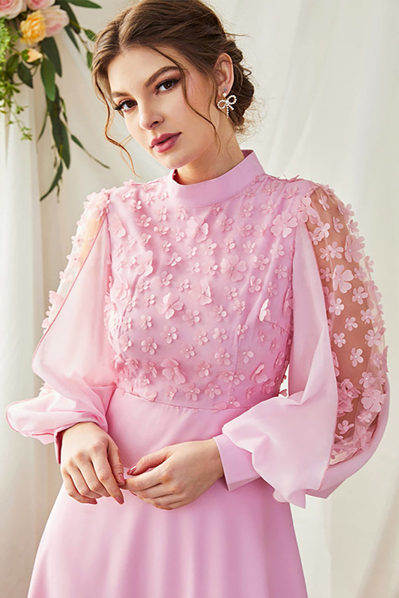 Load image into Gallery viewer, A-Line Long Sleeves Candy Pink Formal Dress with 3D Flowers
