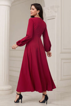 A-Line V-Neck Burgundy Formal Dress with Long Sleeves