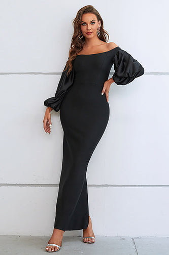 Off The Shoulder Black Formal Dress with Puff Sleeves