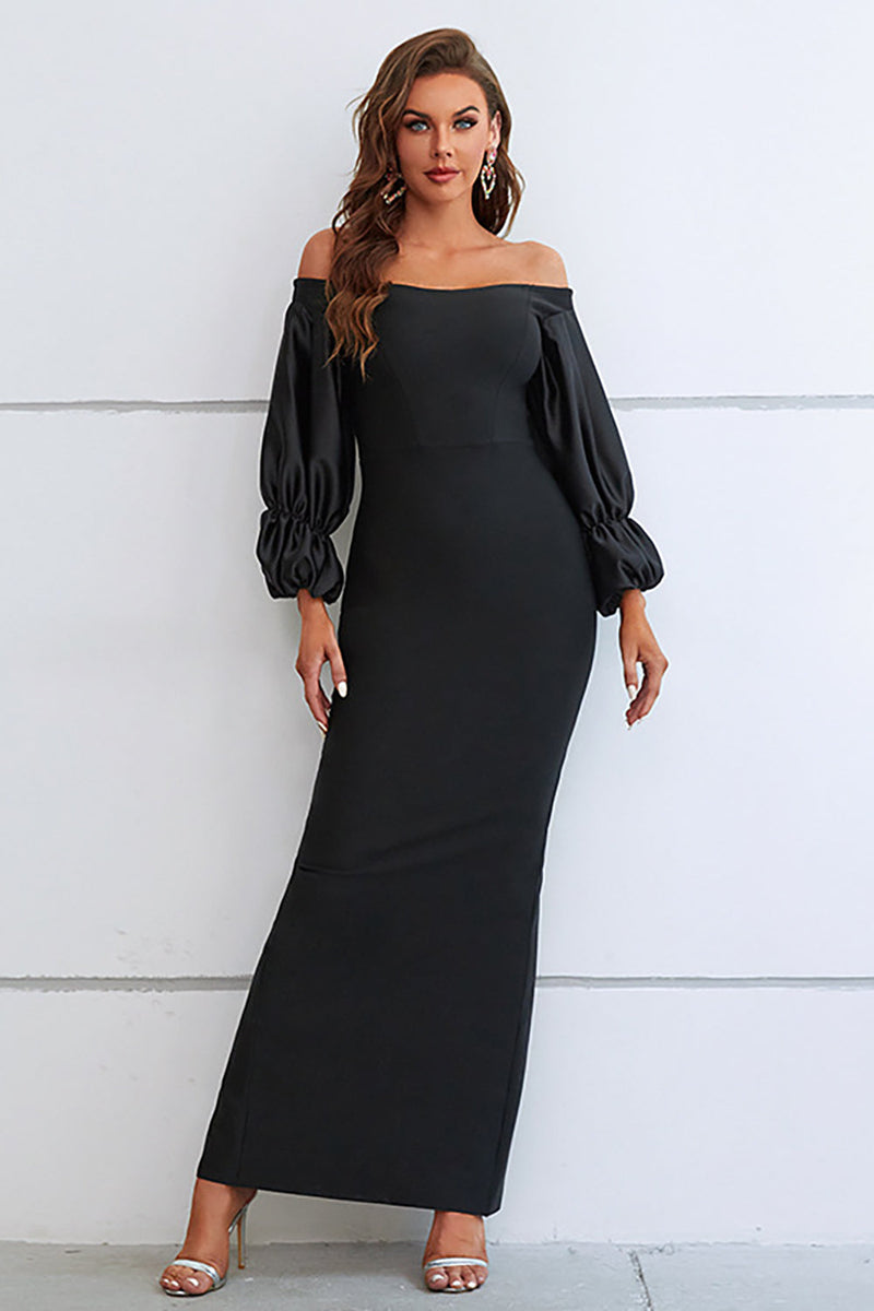Load image into Gallery viewer, Off The Shoulder Black Formal Dress with Puff Sleeves