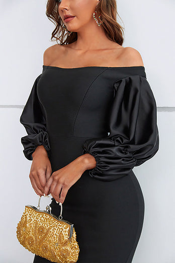 Off The Shoulder Black Formal Dress with Puff Sleeves
