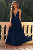 Load image into Gallery viewer, Deep V-Neck Backless Navy Formal Dress