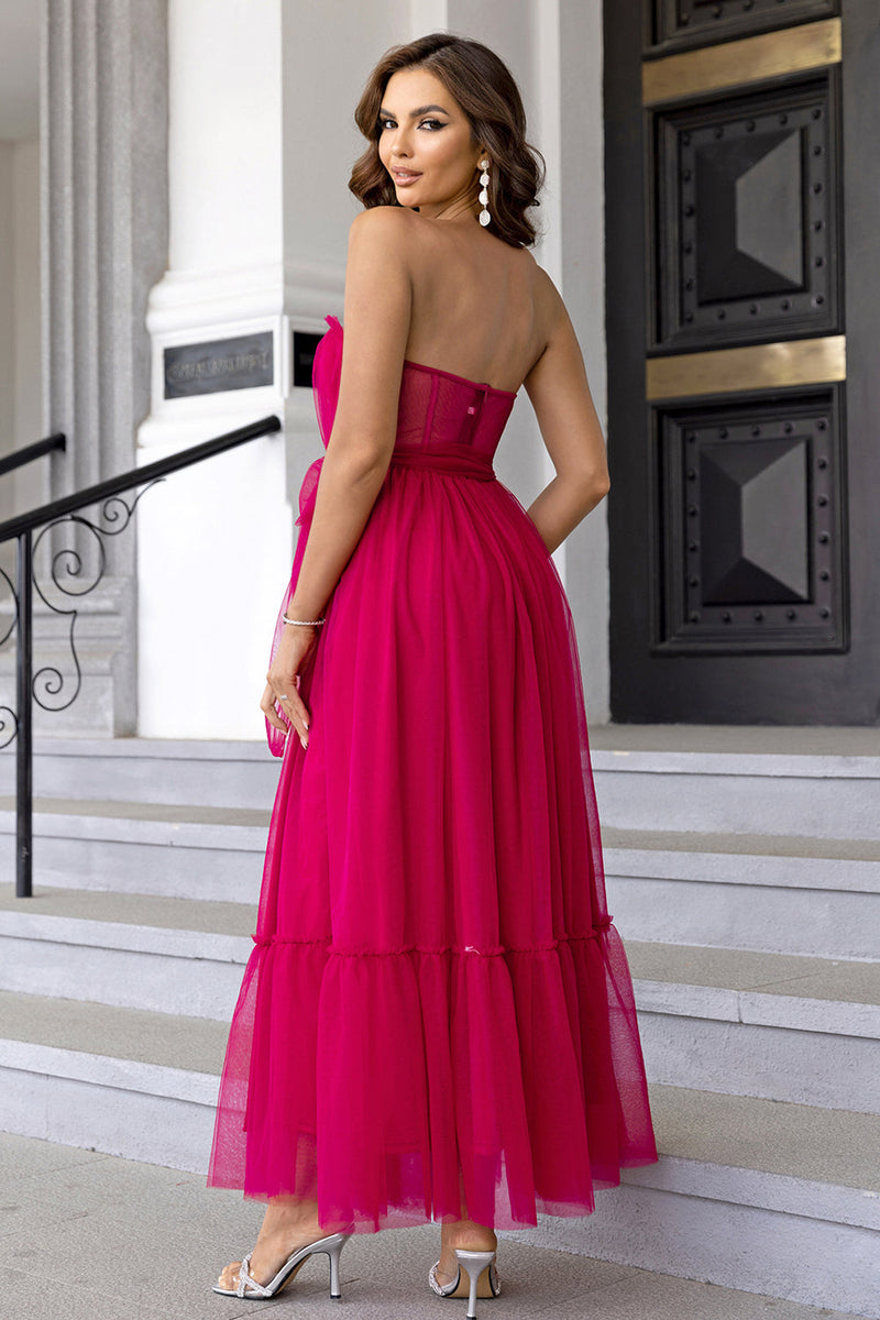 Load image into Gallery viewer, Tulle Sweetheart Hot Pink Formal Dress with Bow