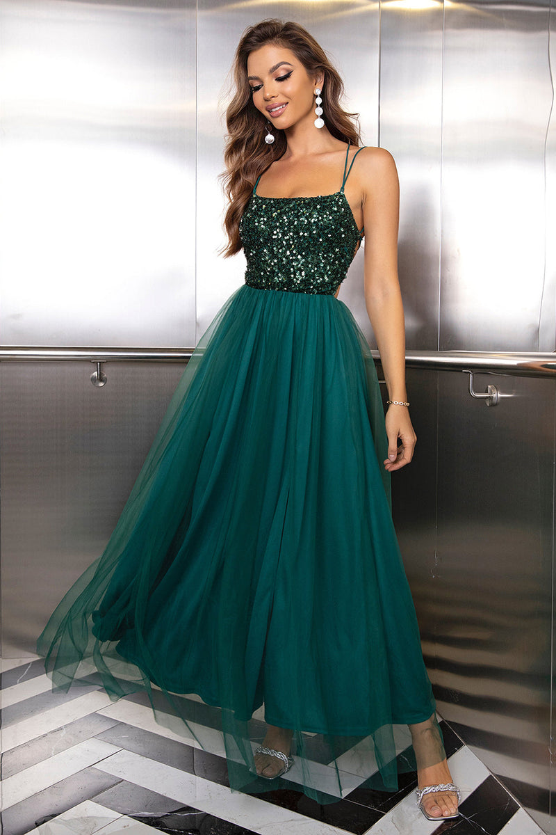 Load image into Gallery viewer, Sparkly Tulle Lace-Up Back Pine Formal Dress with Sequins