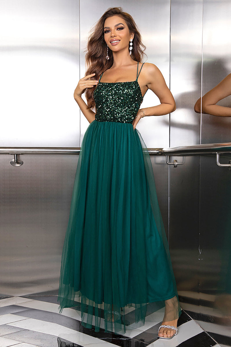 Load image into Gallery viewer, Sparkly Tulle Lace-Up Back Pine Formal Dress with Sequins