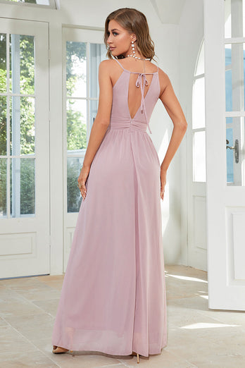A-Line Keyhole Dusty Rose Long Formal Dress with Slit