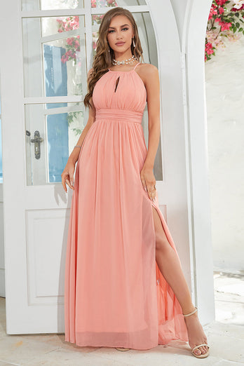 A-Line Keyhole Dusty Rose Long Formal Dress with Slit