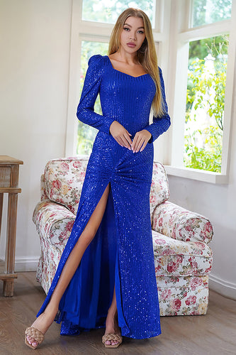 Zapaka Women Royal Blue Velvet Dress Scoop Neck Long Sleeves Formal Party  Dress – ZAPAKA