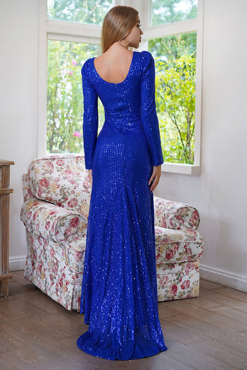 Sparkly Long Sleeves Sequins Royal Blue Evening Party Dress with Slit
