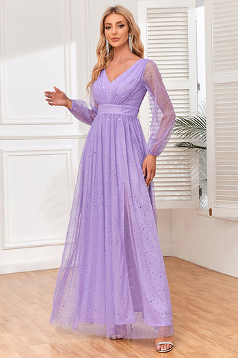 A-Line Long Sleeves Lilac Formal Dress with Slit