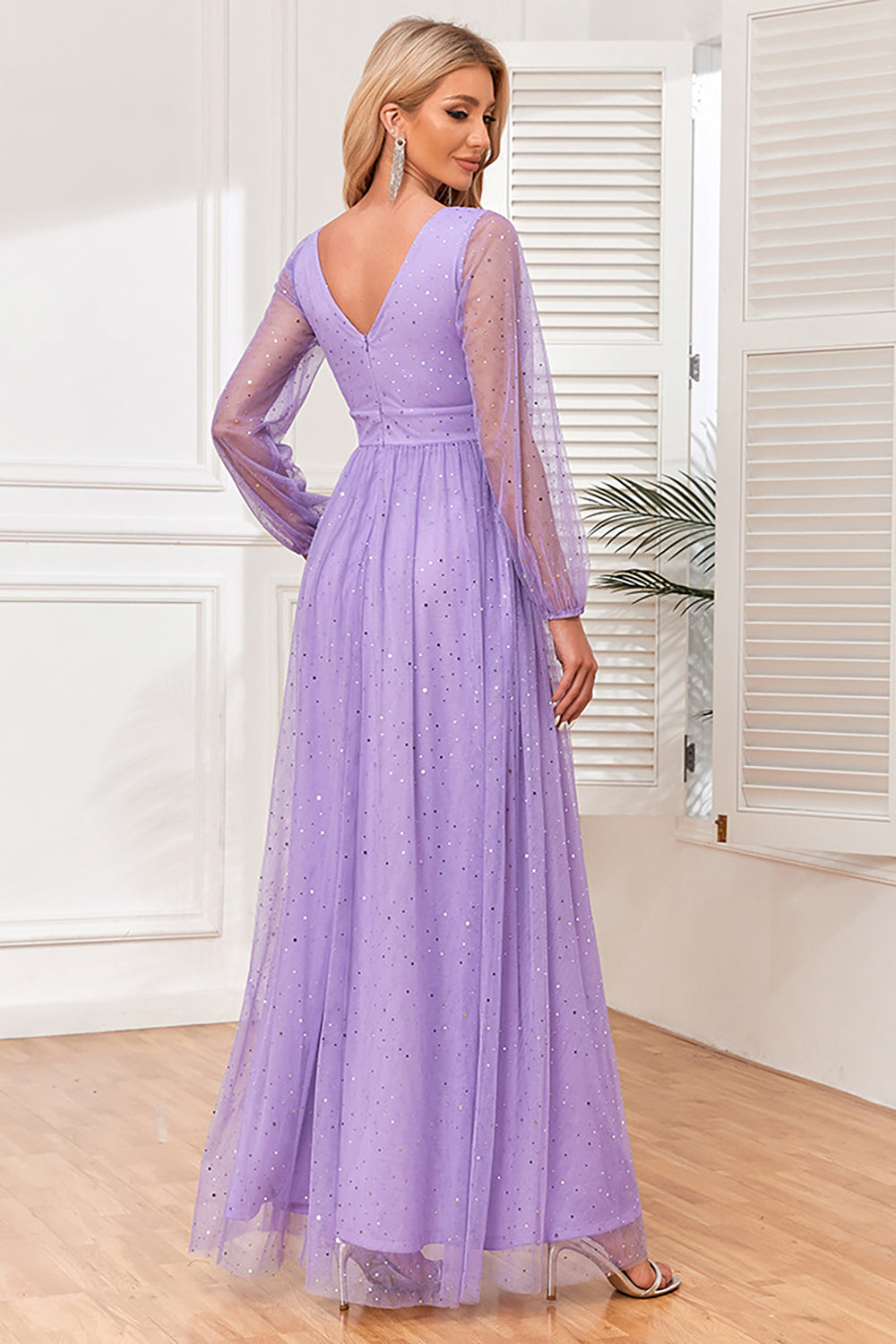 A-Line Long Sleeves Lilac Formal Dress with Slit A-Line Long Sleeves Lilac Formal Dress with Slit