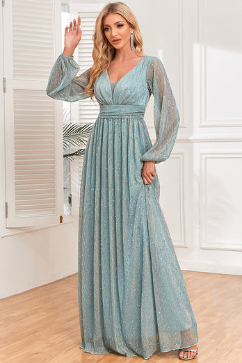 A-Line Sequins Blue Formal Dress with Long Sleeves