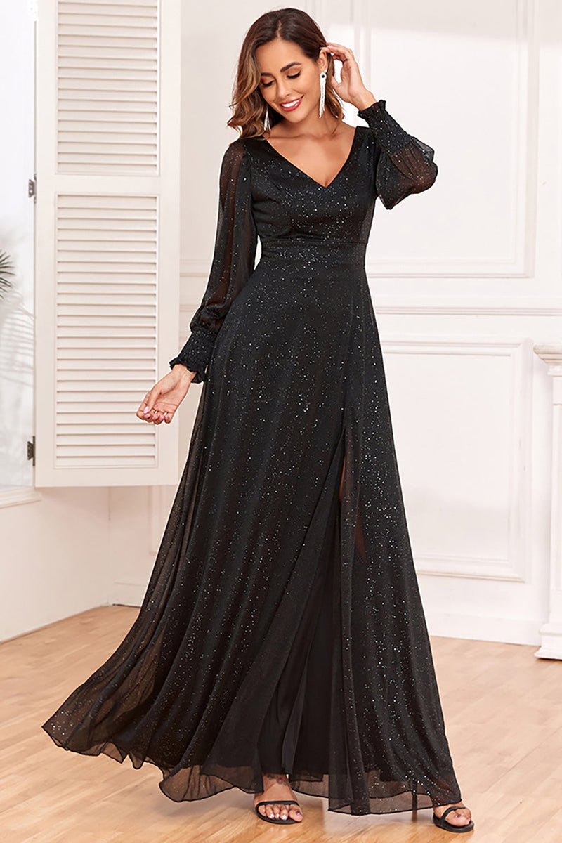 Load image into Gallery viewer, Glitter A-Line Long Sleeves Black Formal Dress with Slit