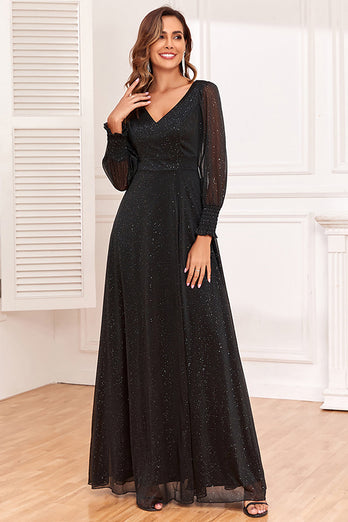 Glitter A-Line Long Sleeves Black Formal Dress with Slit