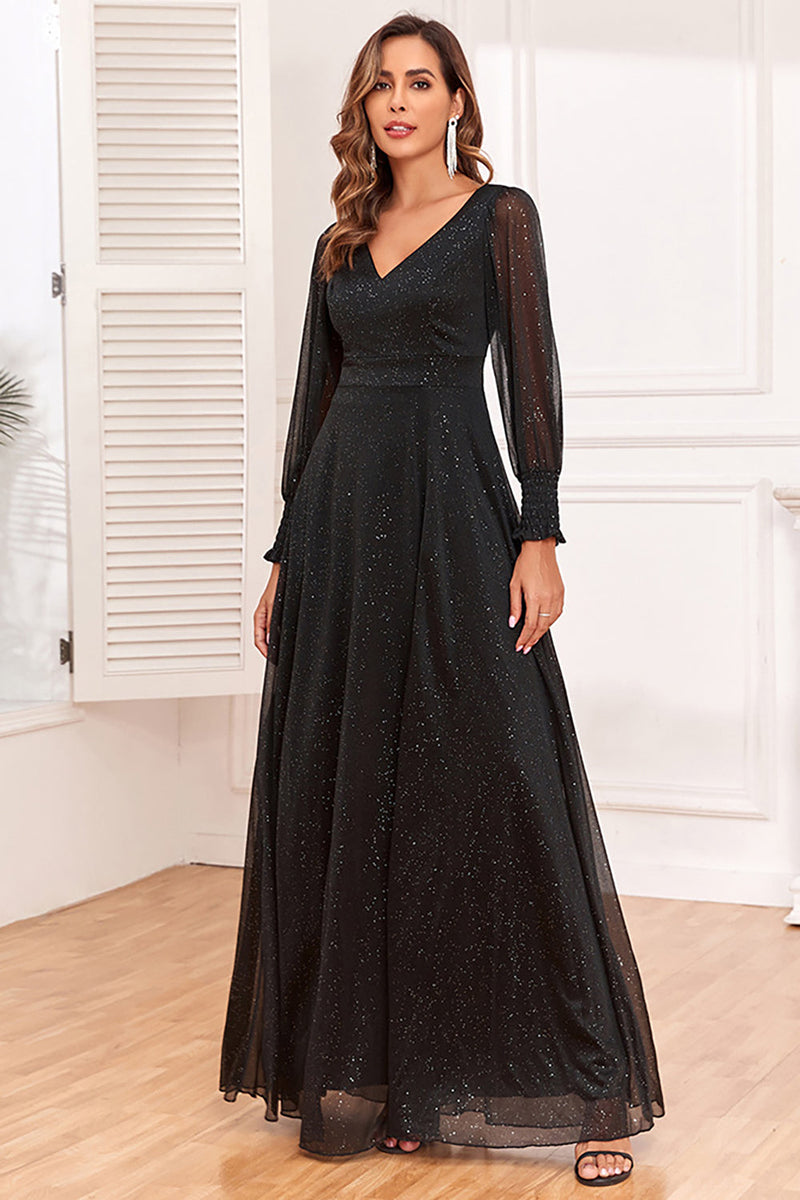 Load image into Gallery viewer, Glitter A-Line Long Sleeves Black Formal Dress with Slit