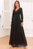 Glitter A-Line Long Sleeves Black Formal Dress with Slit