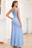 V-Neck Sequins Sky Blue Prom Dress