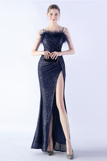 Black Spaghetti Straps Sheath Sequin Formal Dress with Feather