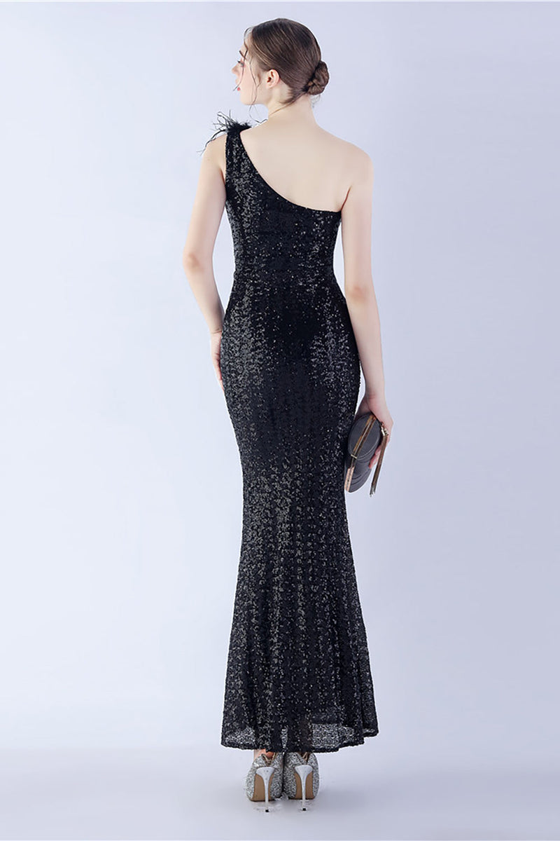 Load image into Gallery viewer, Metal One Shoulder Mermaid Sequin Formal Dress With Feather