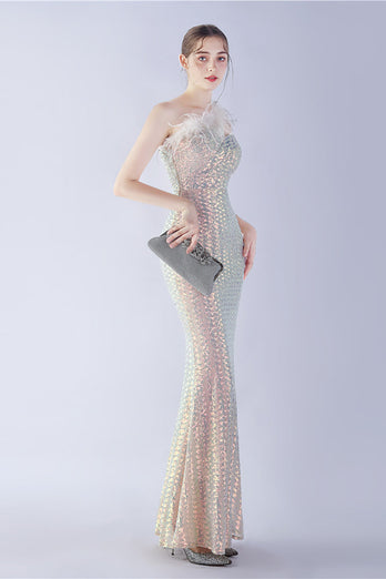 Metal One Shoulder Mermaid Sequin Formal Dress With Feather