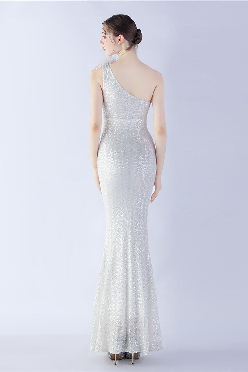 Load image into Gallery viewer, Metal One Shoulder Mermaid Sequin Formal Dress With Feather