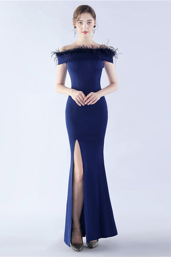 Navy Off the Shoulder Mermaid Crepe Formal Dress With Feather