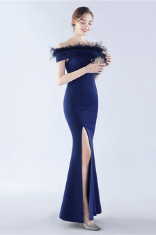 Navy Off the Shoulder Mermaid Crepe Formal Dress With Feather