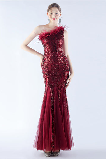 Burgundy Mermaid One Shoulder Mesh and Beaded Evening Dress With Feathers