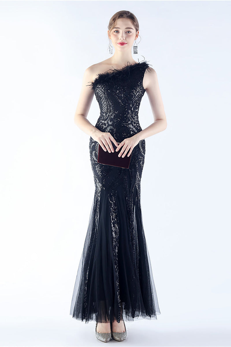 Load image into Gallery viewer, Burgundy Mermaid One Shoulder Mesh and Beaded Evening Dress With Feathers