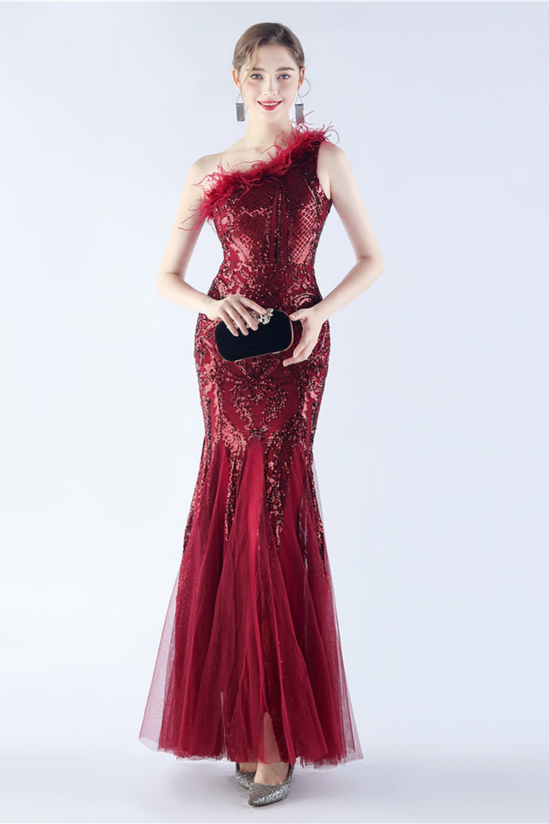 Load image into Gallery viewer, Burgundy Mermaid One Shoulder Mesh and Beaded Evening Dress With Feathers