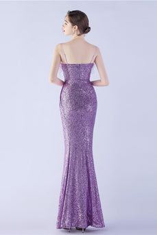 Lilac Spaghetti Straps Sheath Sequin Formal Dress With Feather