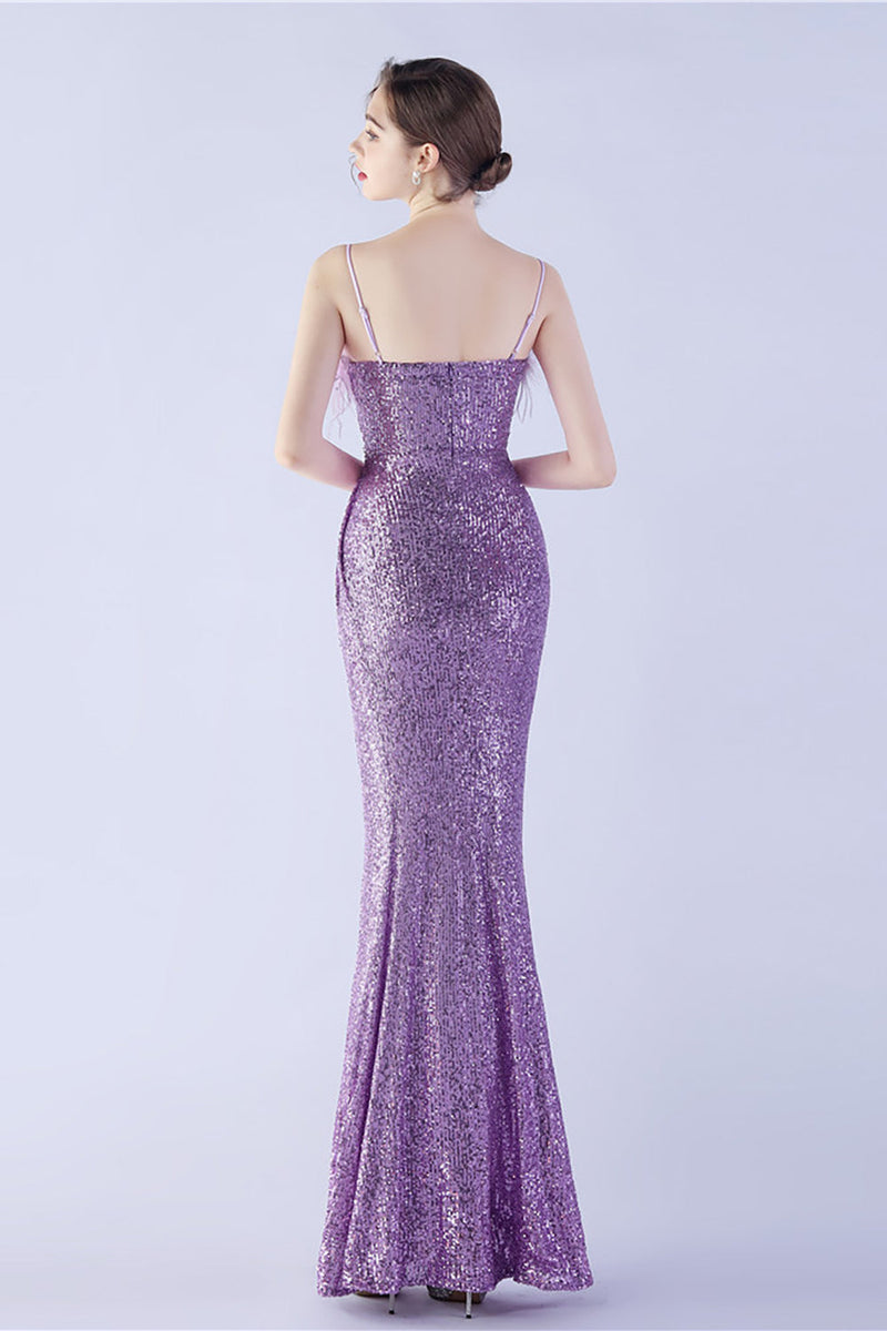 Load image into Gallery viewer, Lilac Spaghetti Straps Sheath Sequin Formal Dress With Feather