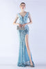 Load image into Gallery viewer, Lilac Mermaid V Neck Sequin and Beaded Ostrich Feathers Evening Dress With Slit