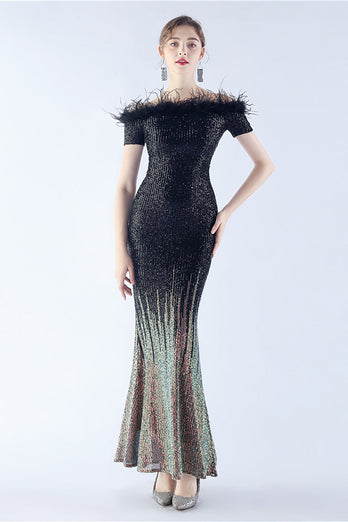 Dark Green Off the Shoulder Mermaid Sequin Formal Dress With Feather