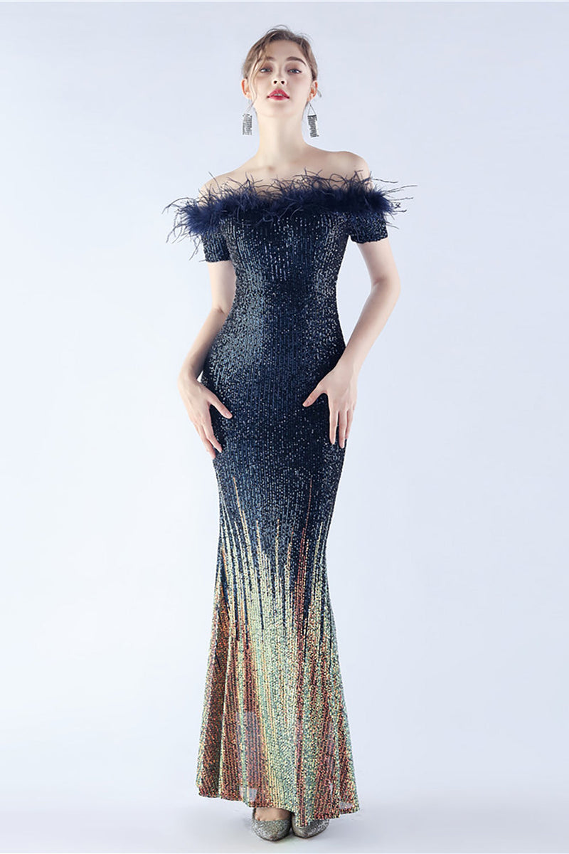Load image into Gallery viewer, Dark Green Off the Shoulder Mermaid Sequin Formal Dress With Feather