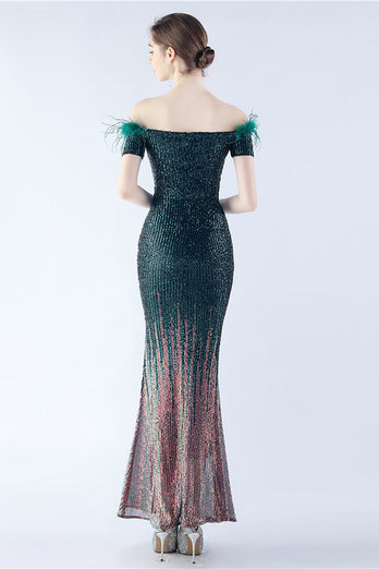 Dark Green Off the Shoulder Mermaid Sequin Formal Dress With Feather
