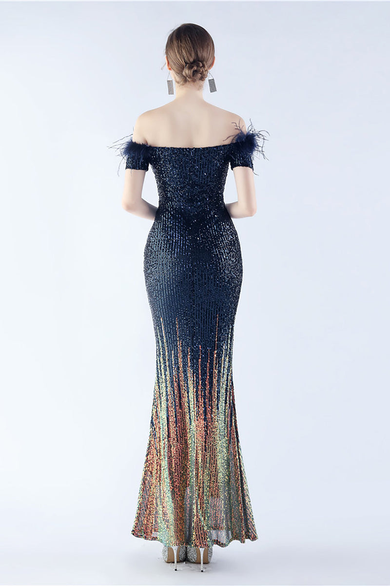 Load image into Gallery viewer, Dark Green Off the Shoulder Mermaid Sequin Formal Dress With Feather