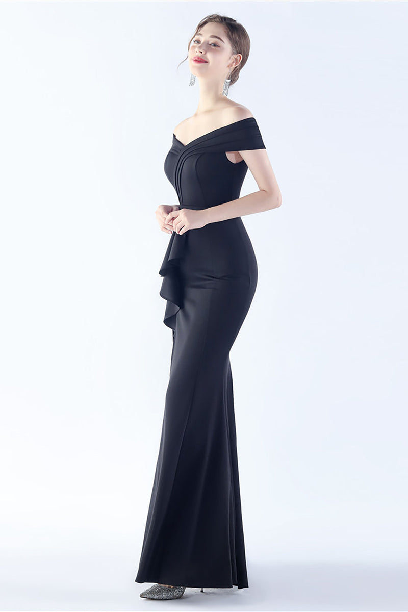 Load image into Gallery viewer, Navy Off the Shoulder Mermaid Crepe Formal Dress with Slit