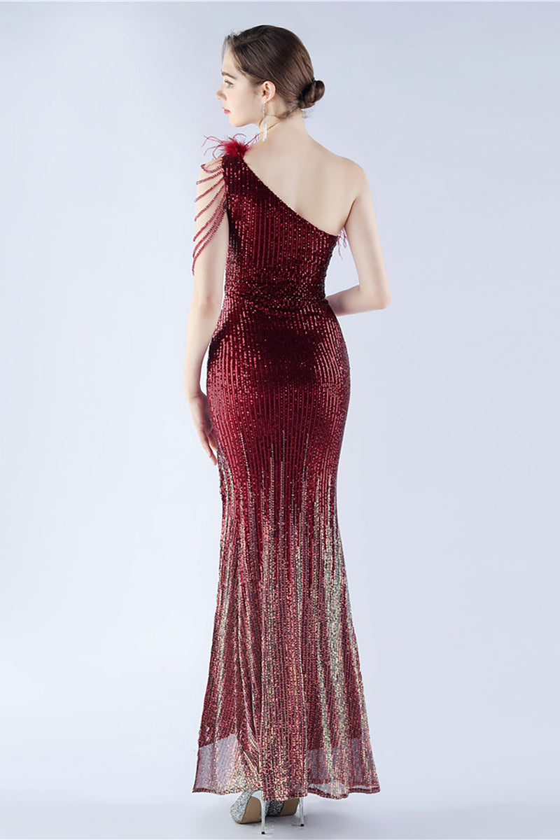 Load image into Gallery viewer, Glitter Black Beaded Bodycon Feather Slope-Neck One-Shoulder Evening Dress With Slit