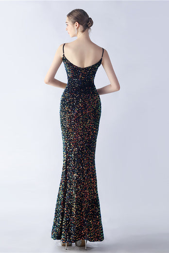 Glitter Mermaid Spaghetti Straps Beaded Symphony Black Formal Dress With Side Slit