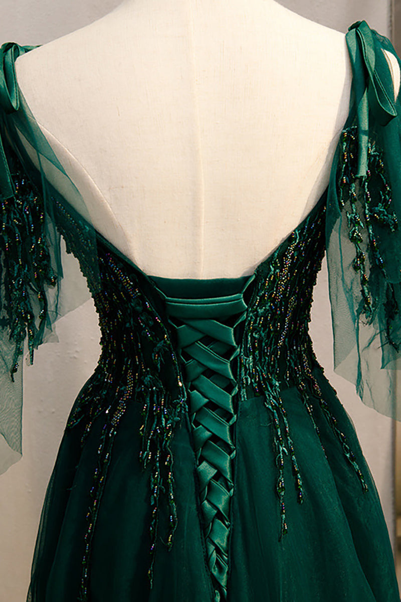 Load image into Gallery viewer, A-Line Spaghetti Straps Dark Green Prom Dress with Beading
