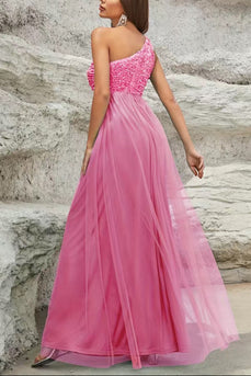 Sparkly One Shoulder Pink Prom Dress with Sequins