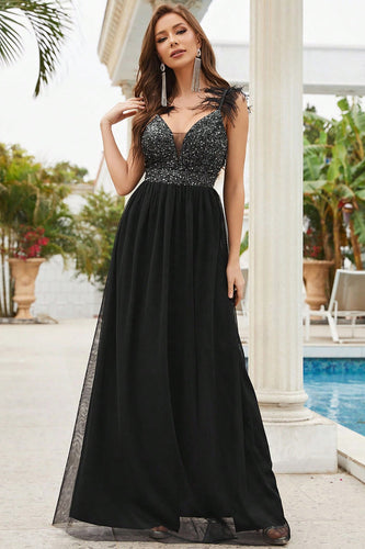 Sequins Spaghetti Straps Black Party Dress with Slit