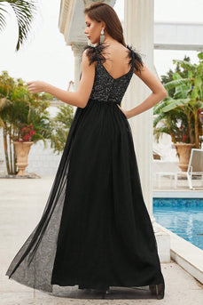 Sequins Spaghetti Straps Black Party Dress with Slit