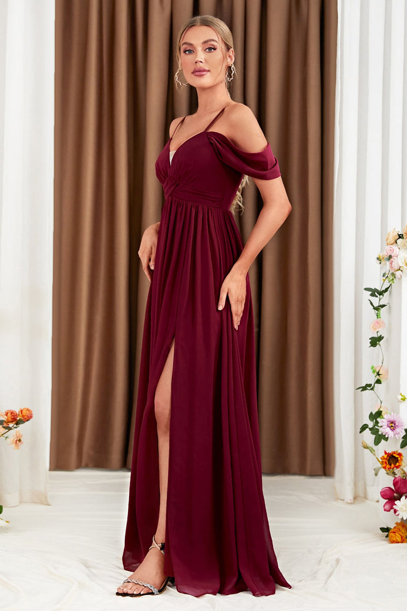 Load image into Gallery viewer, A-Line Cold Shoulder Burgundy Formal Dress with Slit